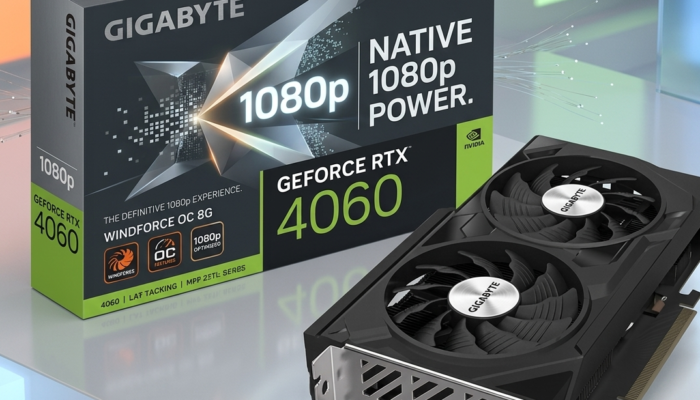 Gigabyte GeForce RTX 4060 graphics card next to its retail box with 1080p branding