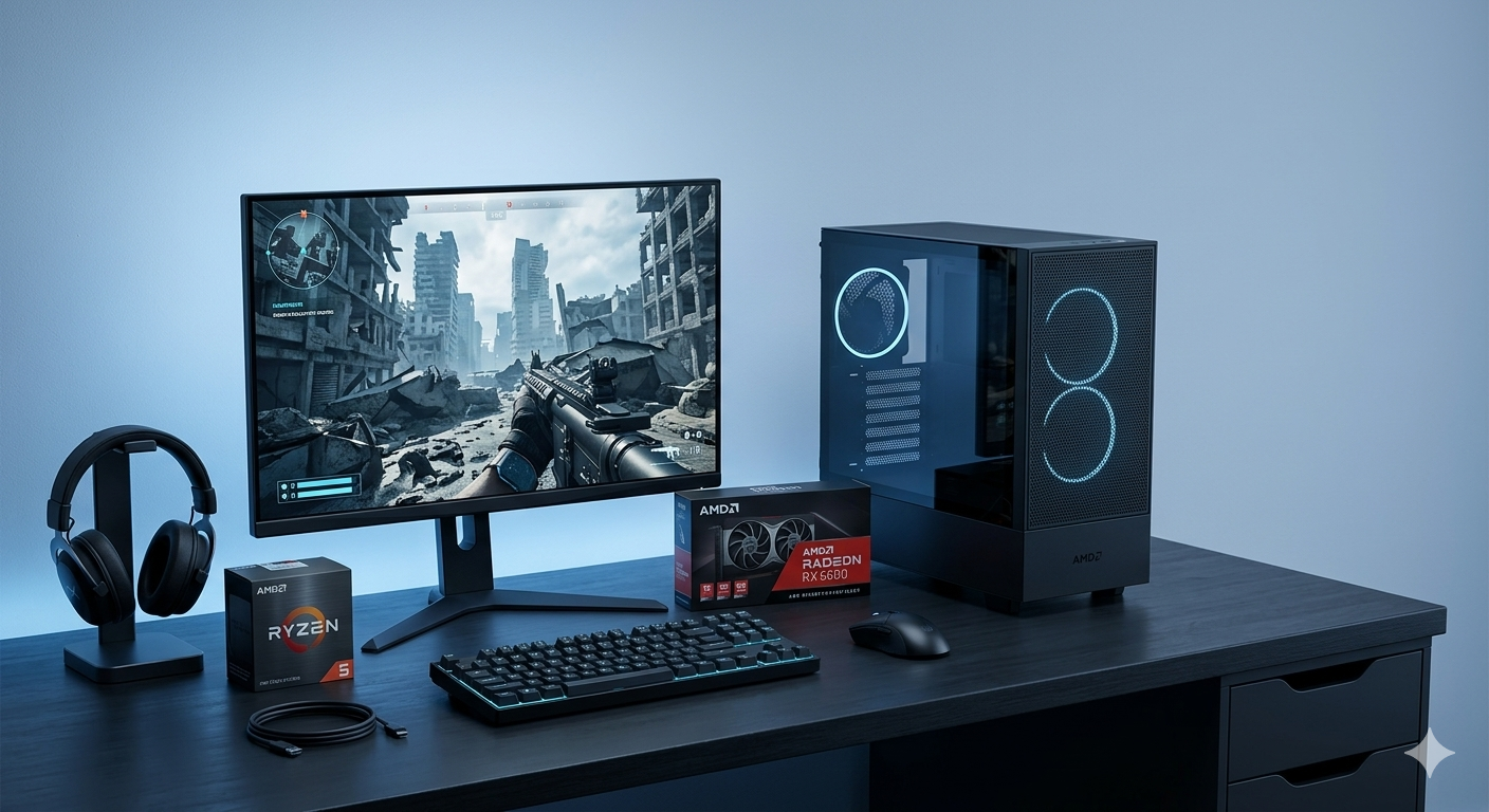 Budget gaming desktop setup with monitor, PC tower, keyboard, mouse, headset, Ryzen processor box, and Radeon graphics card box