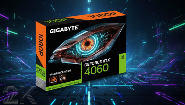 Gigabyte GeForce RTX 4060 retail box on a futuristic blue 1080p background for a budget gaming PC build guide