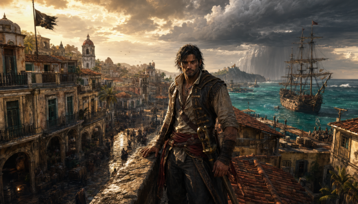 Cinematic pirate-era rooftop harbor scene for Assassins Creed Black Flag Resynced cheap gaming PC guide
