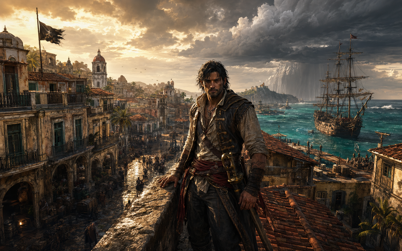 Cinematic pirate-era rooftop harbor scene for Assassins Creed Black Flag Resynced cheap gaming PC guide