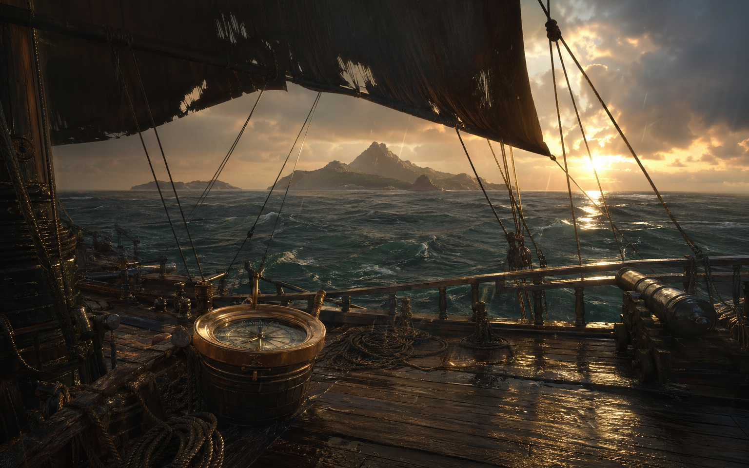 Original CheapFPS game-style image of a pirate ship deck with ocean waves and no HUD
