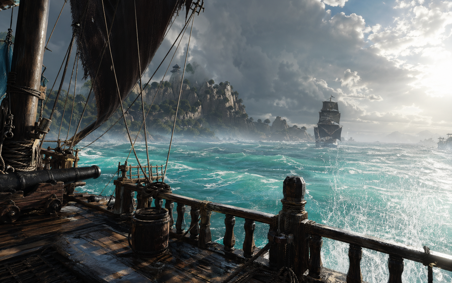 Original CheapFPS game-style image of a Caribbean pirate ship at sea with no HUD