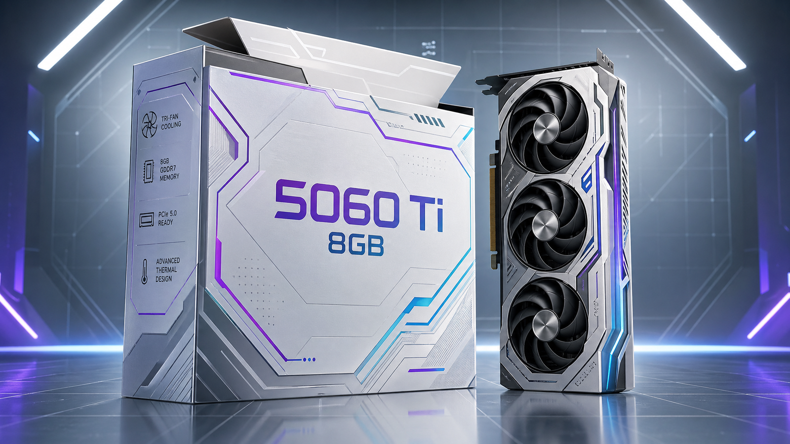 Different fictional 5060 Ti 8GB GPU box with silver packaging and purple cyan accents