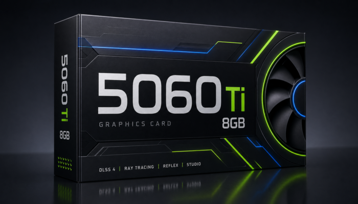 Sleek fictional GPU box labeled 5060 Ti 8GB for a CheapFPS open-box GPU article
