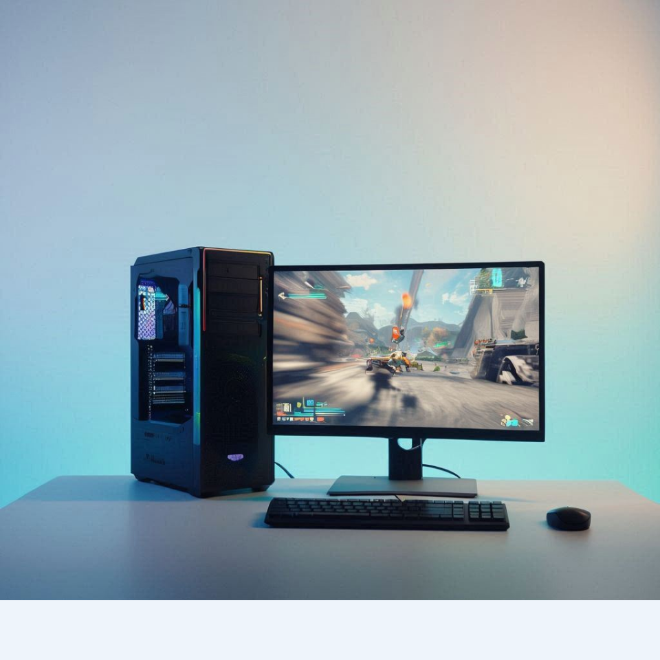 Desktop gaming PC beside a monitor showing gameplay, on a clean desk with soft blue and warm lighting