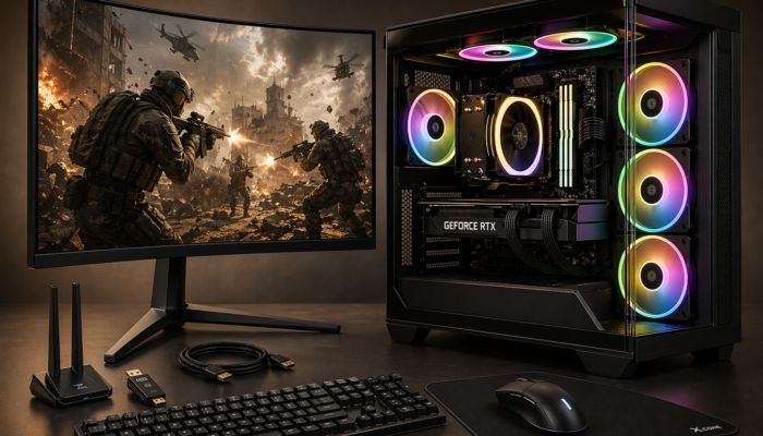 Gaming PC bundle with a shooter game on the monitor and a warm studio background