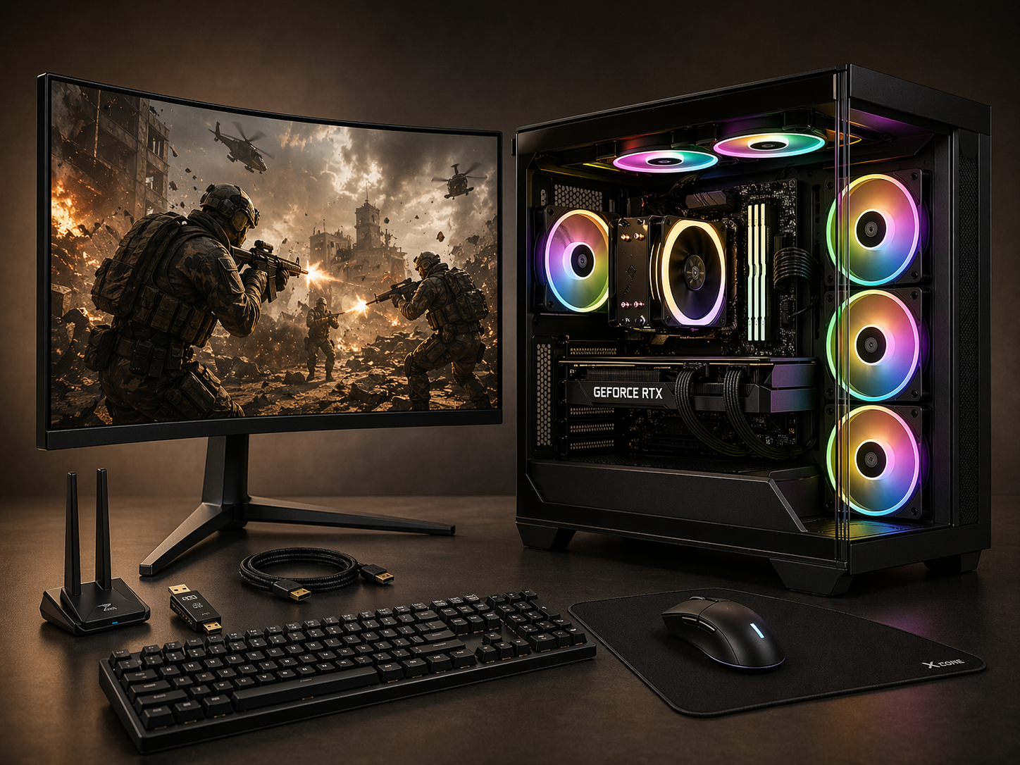 Gaming PC bundle with a shooter game on the monitor and a warm studio background
