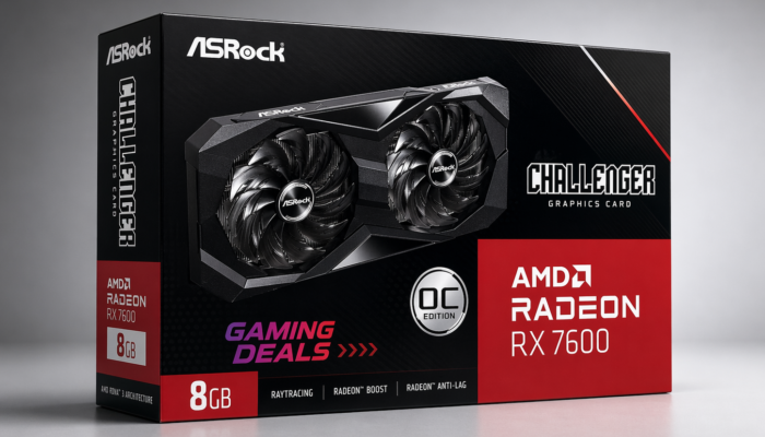 ASRock Radeon RX 7600 retail box with Gaming Deals text on a clean premium studio background