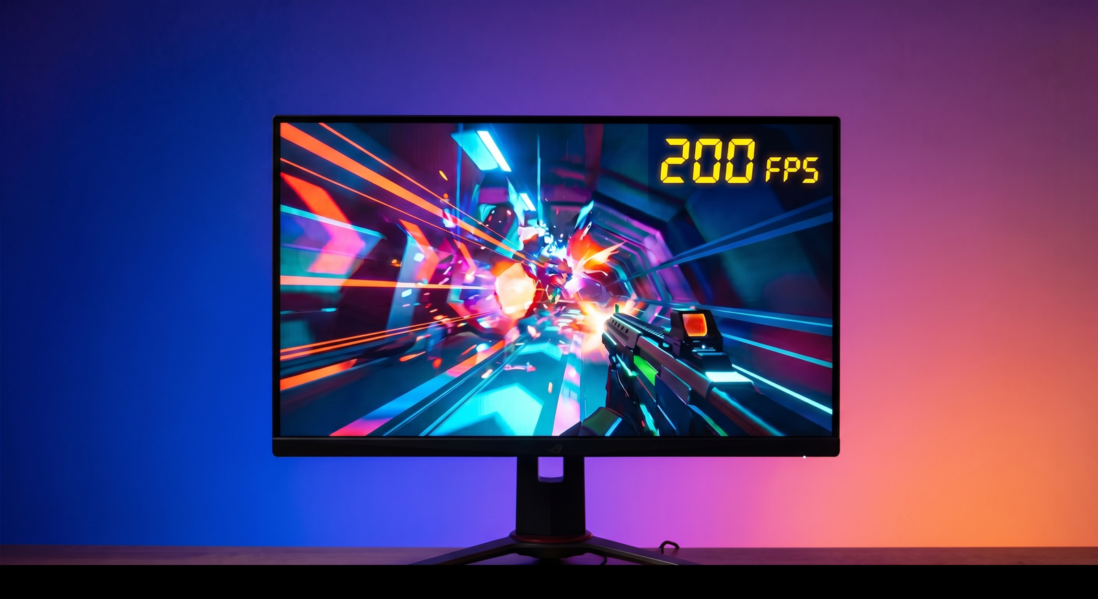 Gaming monitor showing a high-FPS shooter scene with colorful neon motion and a 200 FPS counter