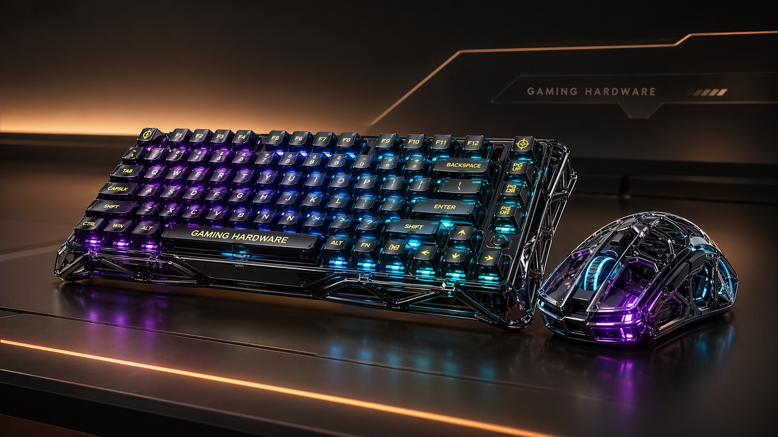 Transparent RGB gaming keyboard and matching gaming mouse on a clean premium studio background