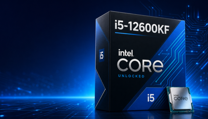 Redesigned i5-12600KF CPU box on a blue circuit-board gaming background