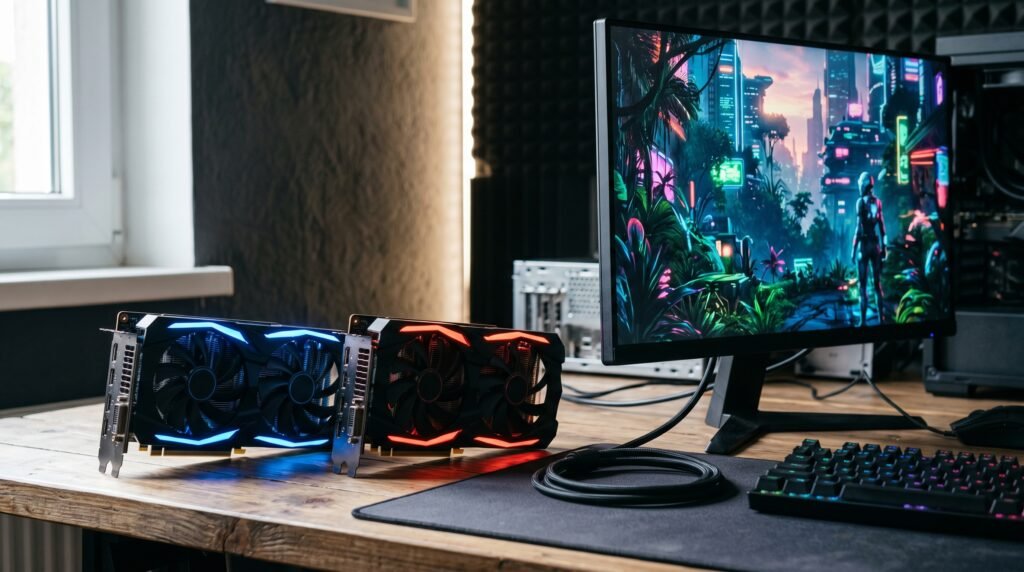 Two generic dual-fan graphics cards staged for a budget 1080p comparison