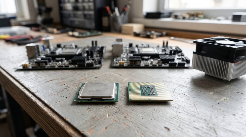 Two generic desktop processors beside compact motherboards and a tower cooler