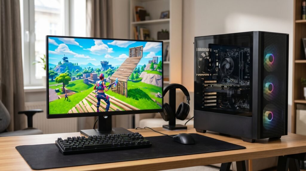 Budget gaming PC setup with a colorful battle royale scene on the monitor