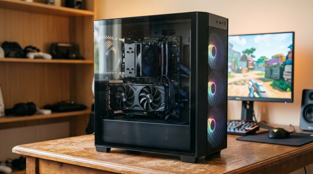 Glass-sided RTX 4060-class gaming prebuilt with compact graphics card and front intake fans