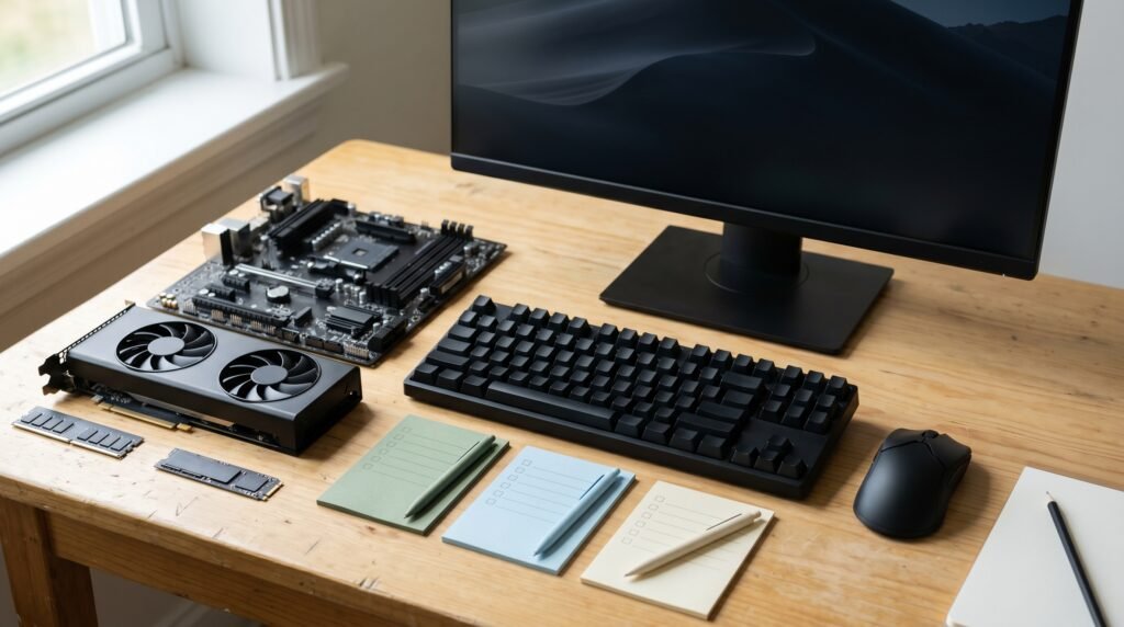 Realistic unbranded budget gaming hardware laid out with deal-check cards on a desk