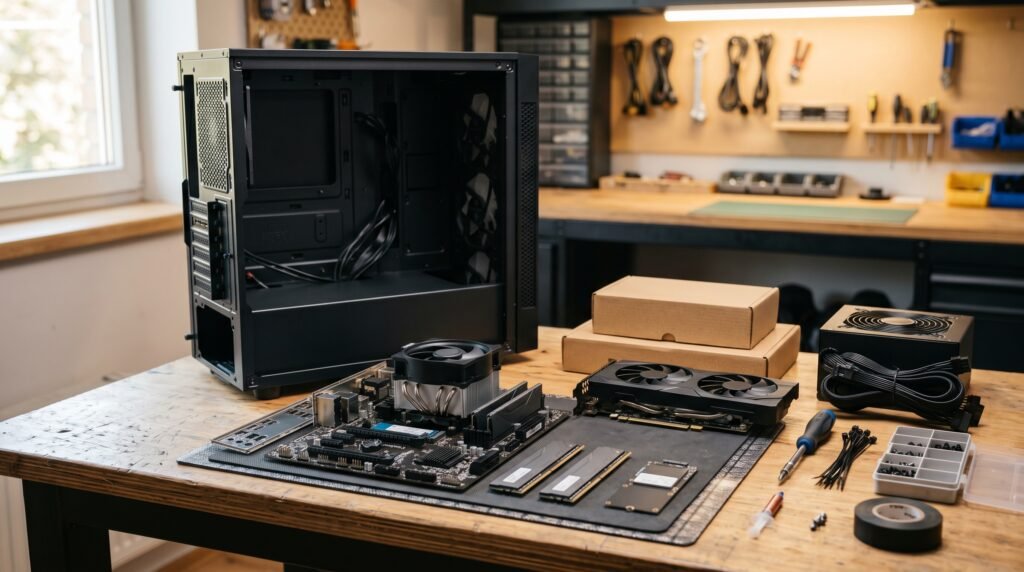 Budget gaming PC parts arranged on a workbench before assembly