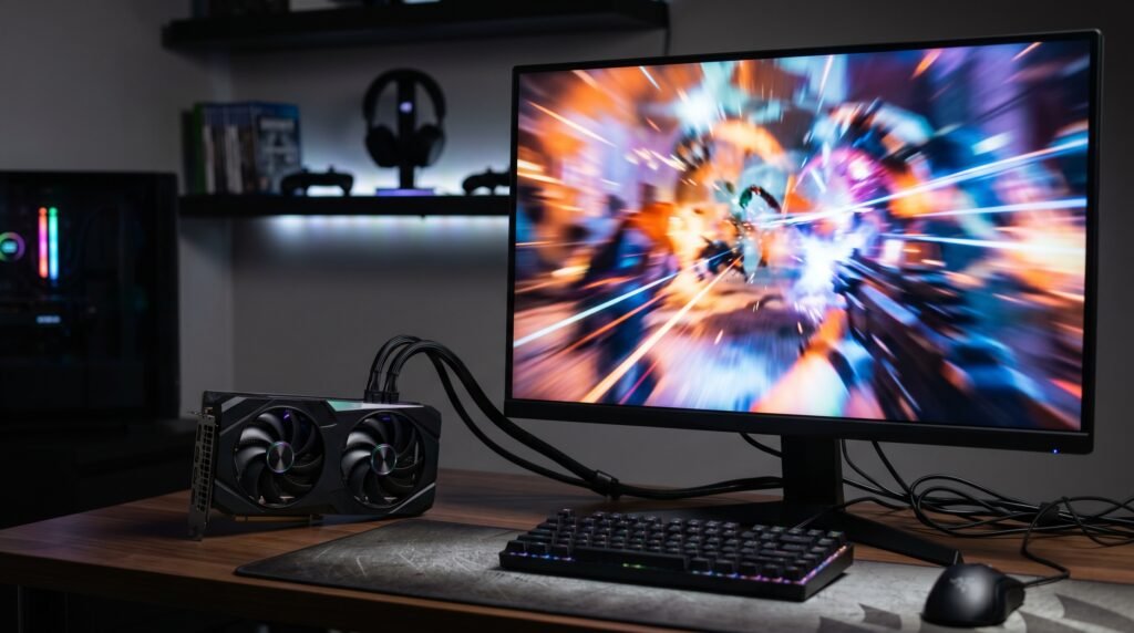 Generic graphics card on a desk beside a 1080p gaming setup