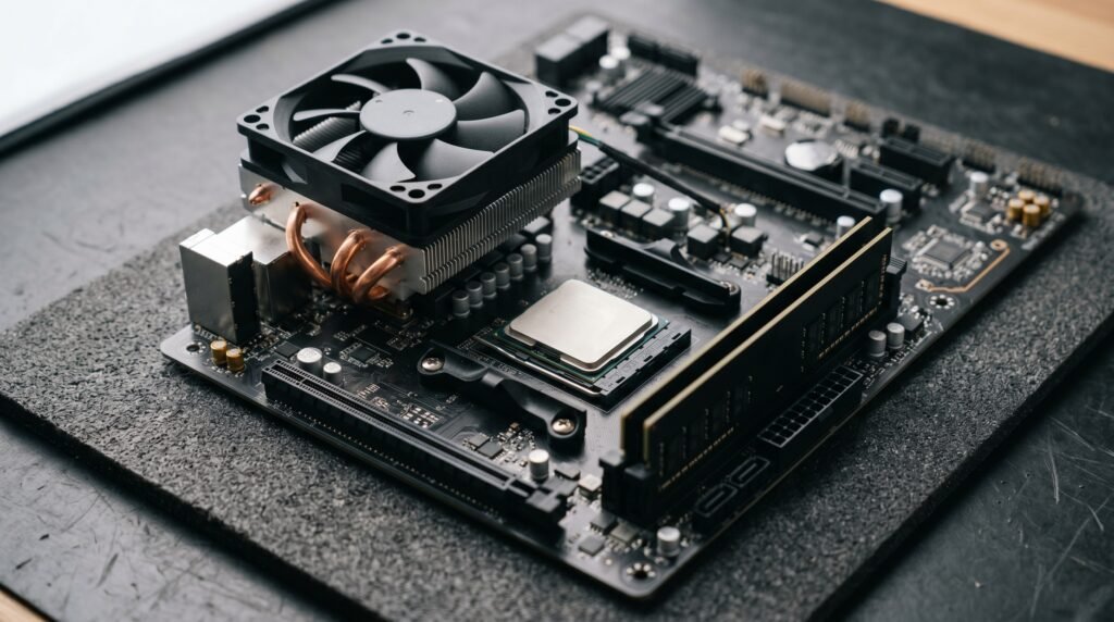 Generic CPU, motherboard socket, air cooler, and memory on an antistatic work mat