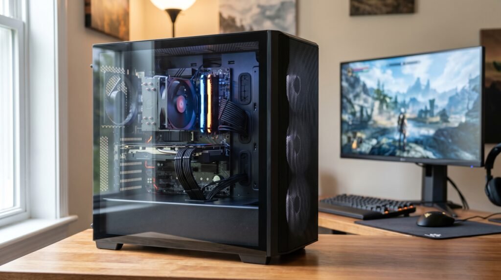 Glass-side budget gaming prebuilt with tidy internals and front airflow