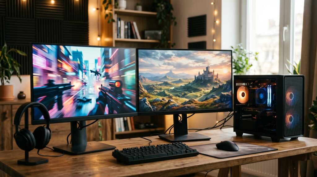 Compact gaming PC setup with abstract game scenes on monitors