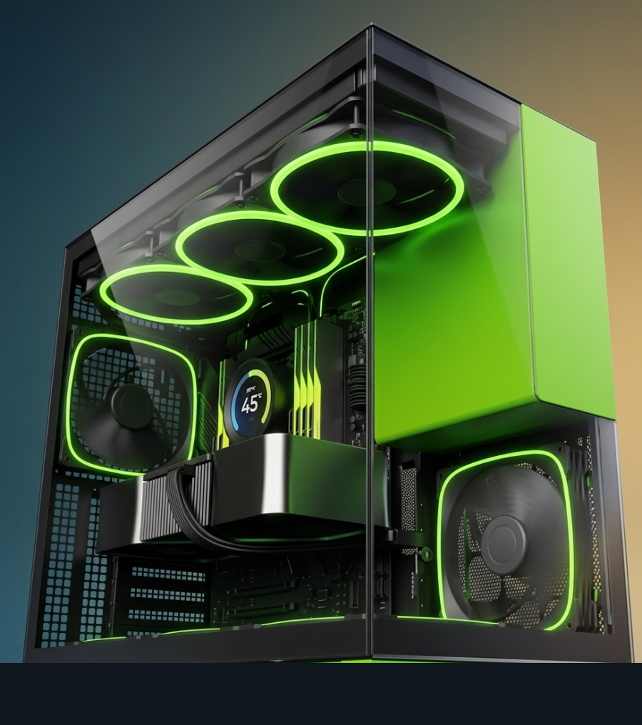 Glass-sided prebuilt gaming PC with bright green RGB fans and visible internal components