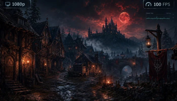 Dark fantasy village and castle scene with 1080p and 100 FPS performance overlay for a budget gaming PC article