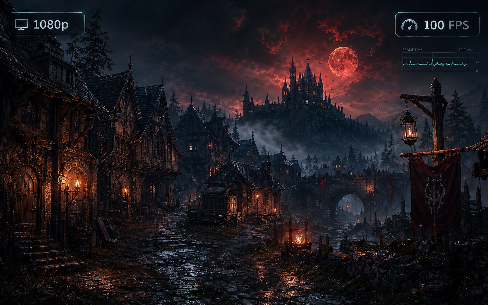 Dark fantasy village and castle scene with 1080p and 100 FPS performance overlay for a budget gaming PC article
