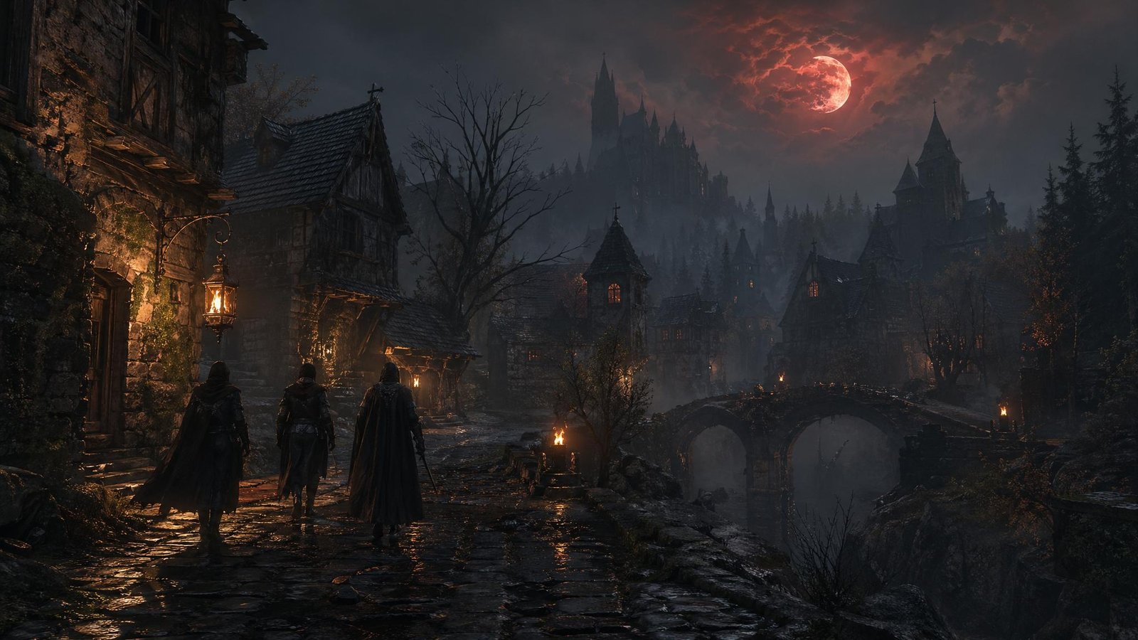 Original dark fantasy village scene with cloaked characters, torches, fog, and a red moon