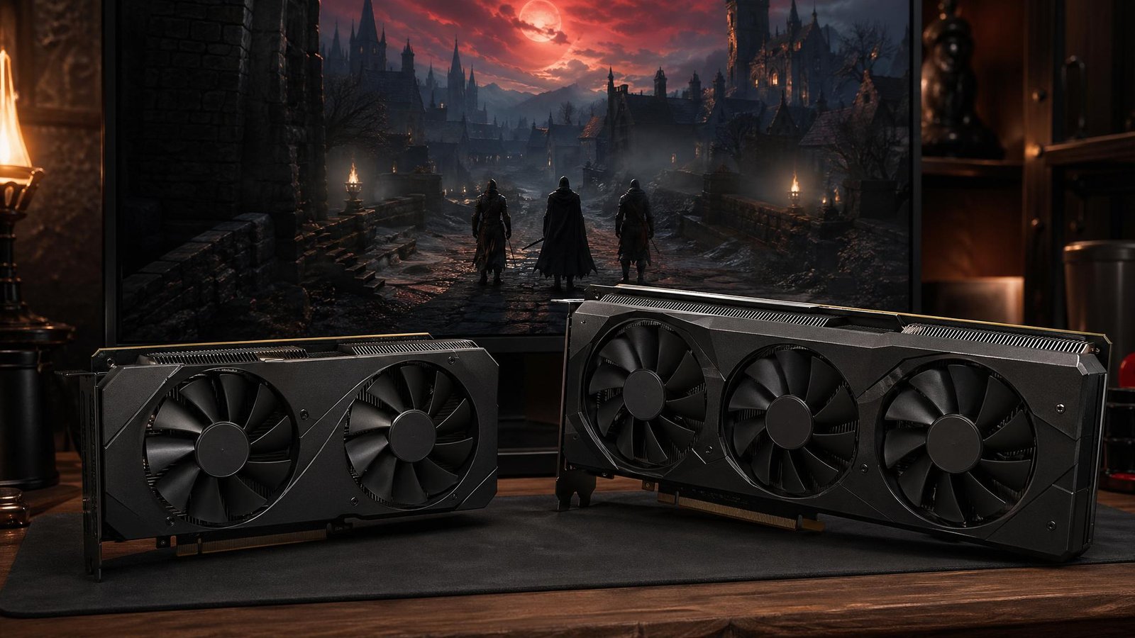 Two realistic unbranded graphics cards in front of an original dark fantasy village scene with distant characters
