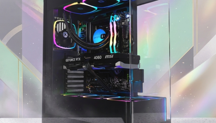 Glass-sided gaming PC with RTX 4060 graphics card, RGB cooling fans, and modern desktop tower styling