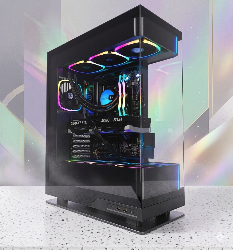Glass-sided gaming PC with RTX 4060 graphics card, RGB cooling fans, and modern desktop tower styling