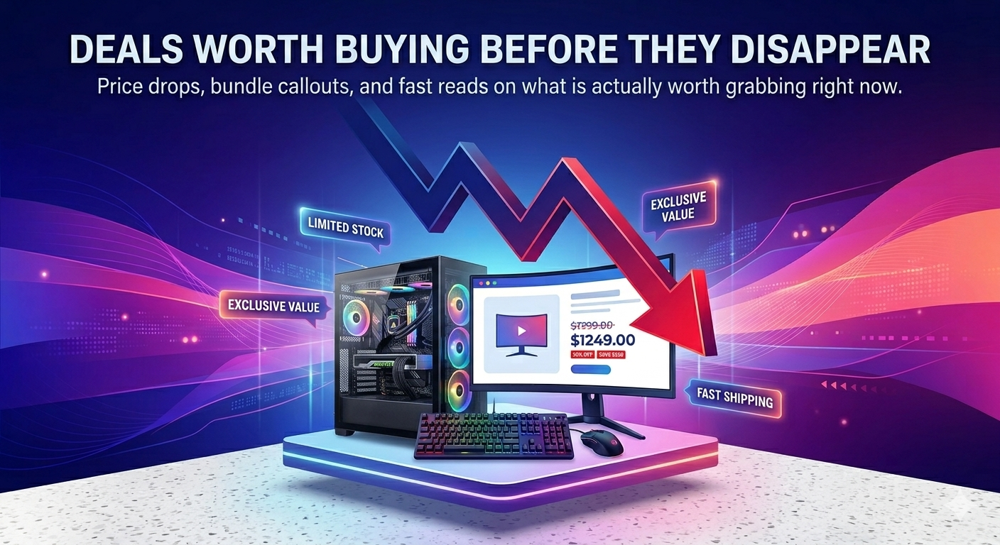 Budget gaming deal graphic with desktop PC, monitor, price drop arrow, and deal callout banners