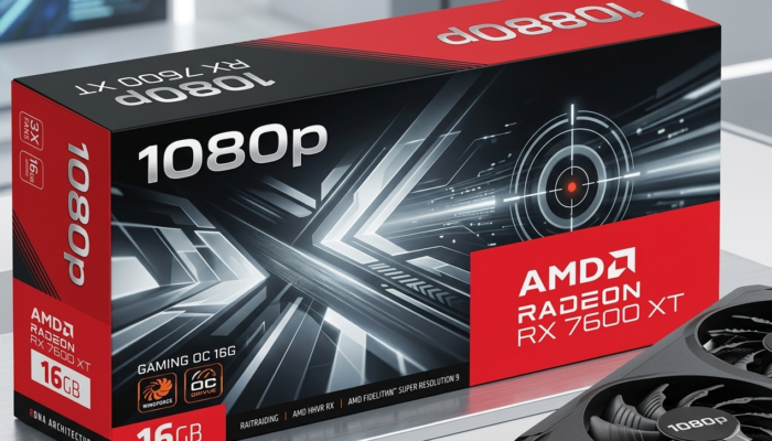 Radeon RX 7600 XT retail box beside a graphics card on a clean desk setup for a 1080p GPU comparison article