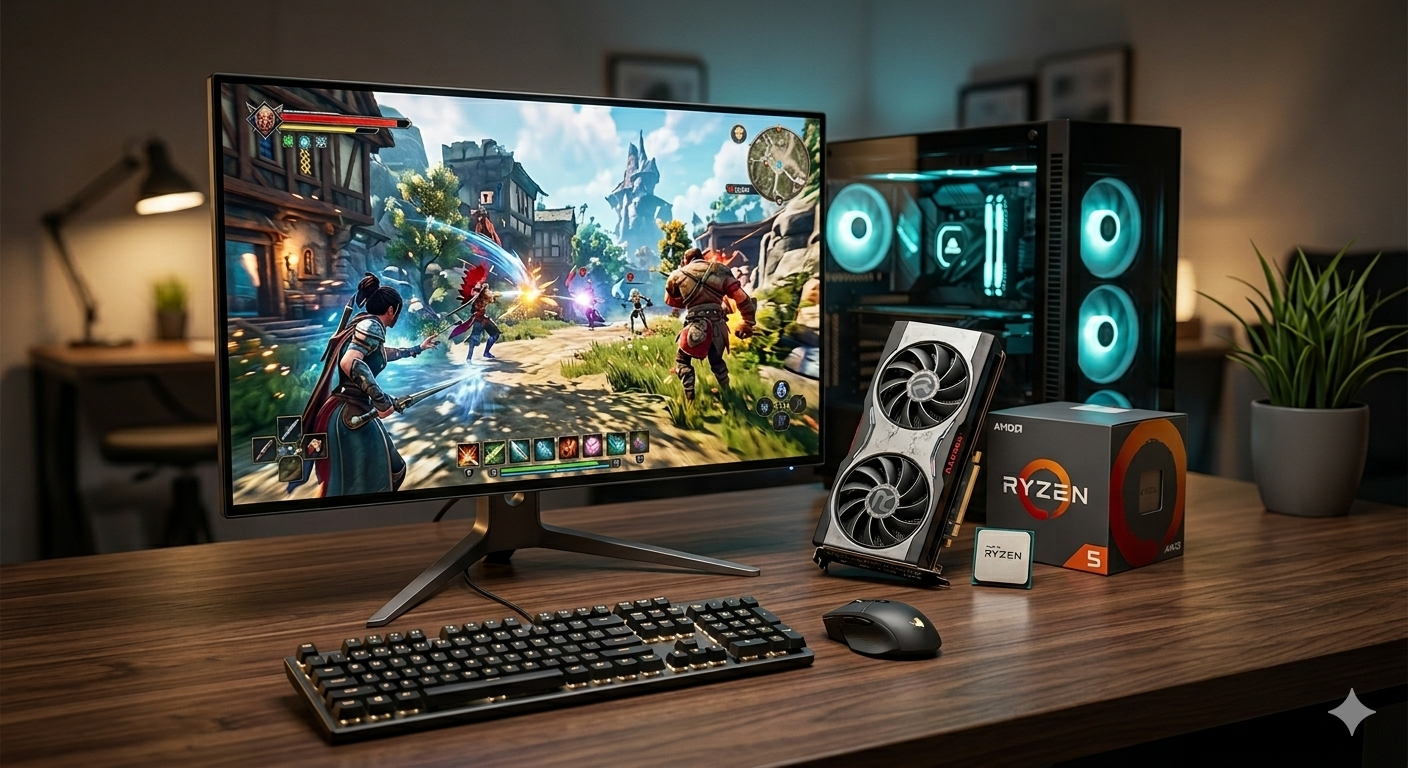 Budget gaming PC setup artwork for the CheapFPS homepage hero