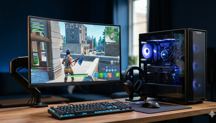 Fortnite running on a desktop gaming PC setup with monitor, RGB-lit tower, keyboard, and headset