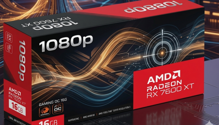 AMD Radeon RX 7600 XT retail box with 1080p branding on a neon circuit background