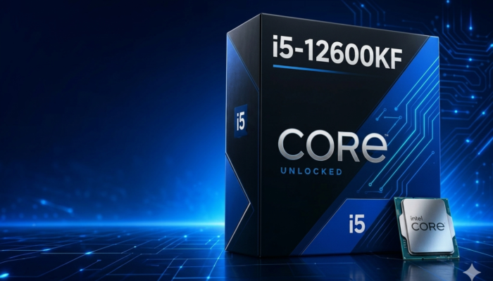Intel Core i5-12600KF box and processor on a blue circuit-board background