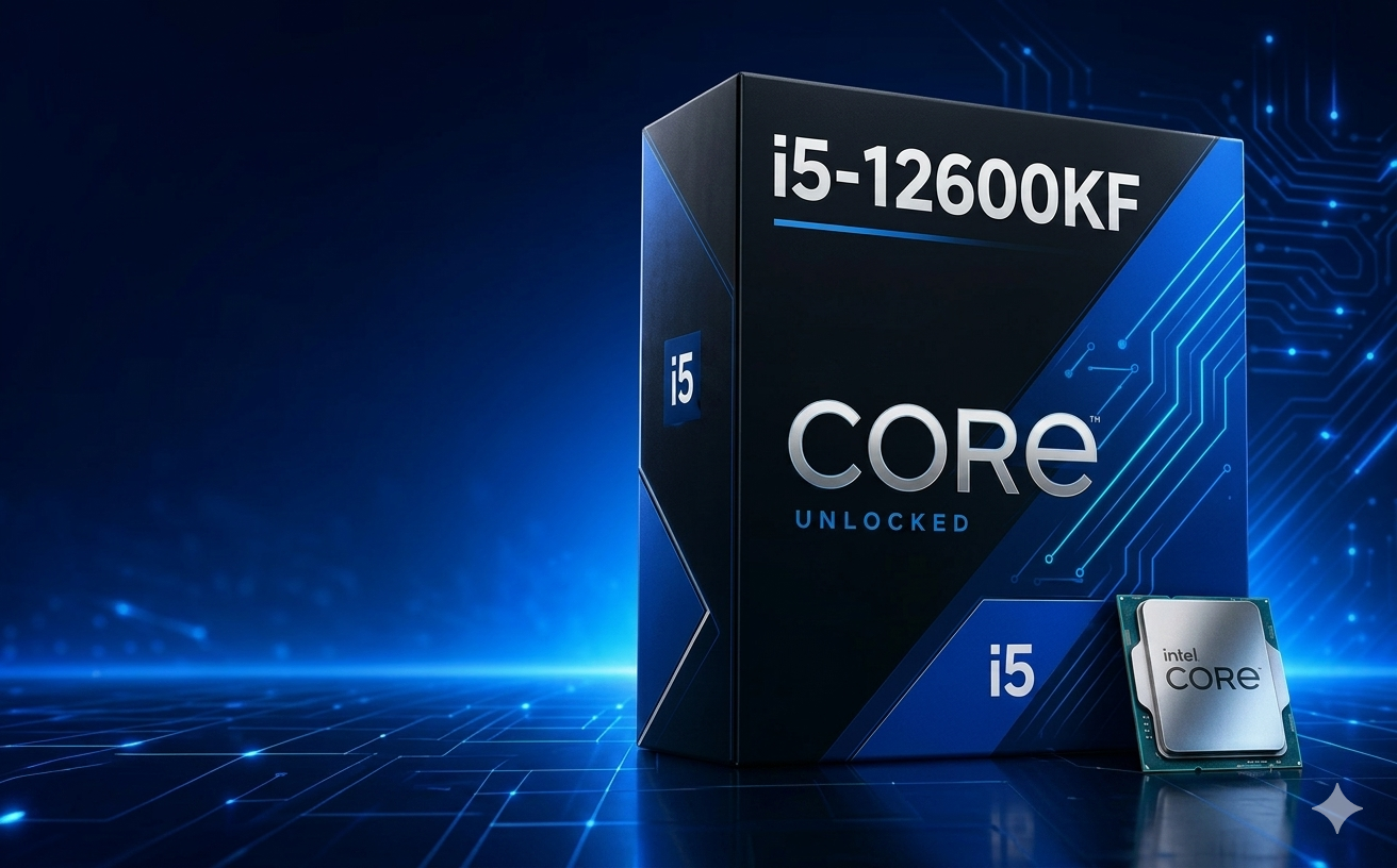 Intel Core i5-12600KF box and processor on a blue circuit-board background