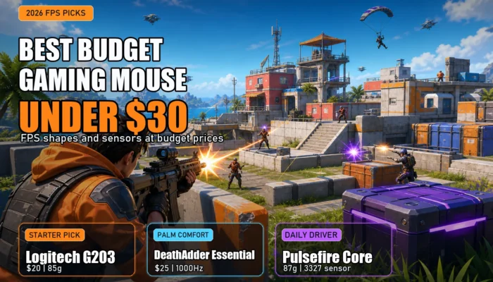 Stylized shooter scene with CheapFPS text highlighting budget gaming mouse picks under 30 dollars