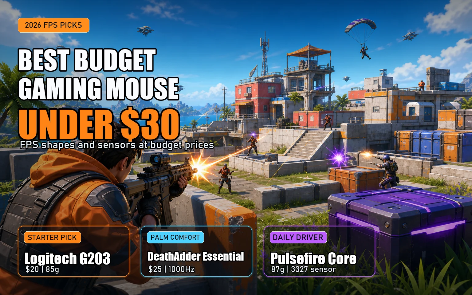Stylized shooter scene with CheapFPS text highlighting budget gaming mouse picks under 30 dollars