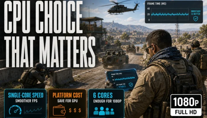 CheapFPS budget CPU graphic showing single-core speed, platform cost, and 6 cores as enough for 1080p gaming over a daytime checkpoint convoy scene.