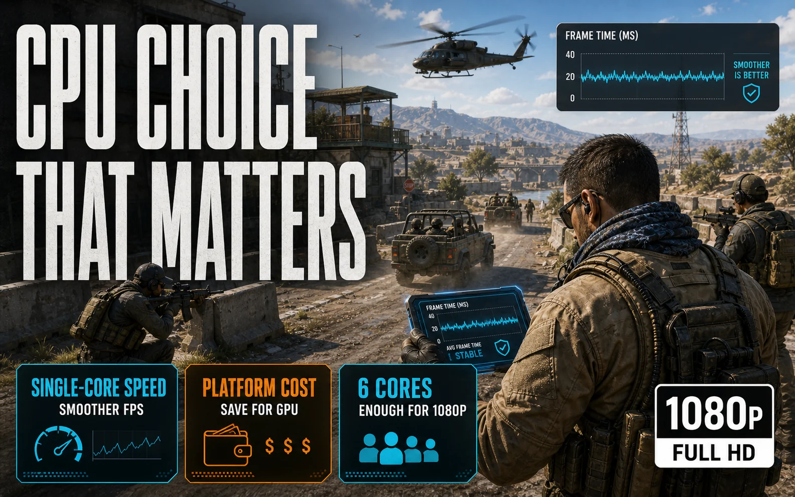 CheapFPS budget CPU graphic showing single-core speed, platform cost, and 6 cores as enough for 1080p gaming over a daytime checkpoint convoy scene.