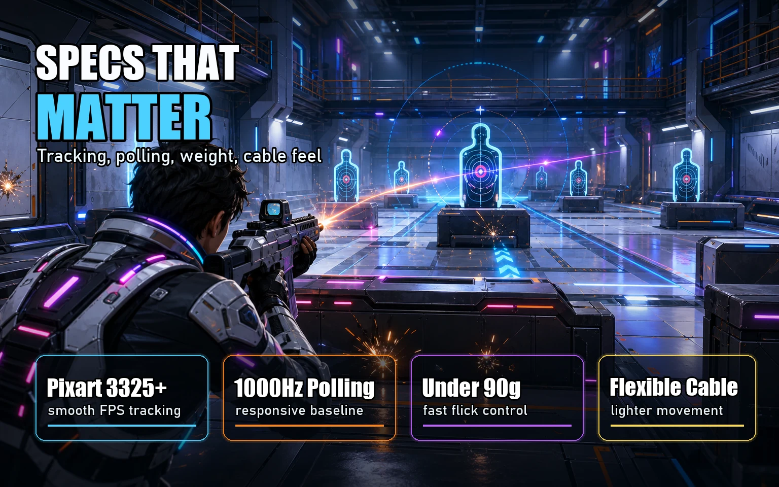 Shooter training range graphic listing Pixart sensors 1000Hz polling under 90g weight target and flexible cable feel