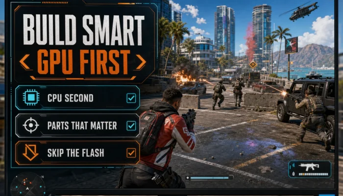CheapFPS budget gaming PC build graphic showing GPU first, CPU second, parts that matter, and skip the flash priorities over a gaming scene.