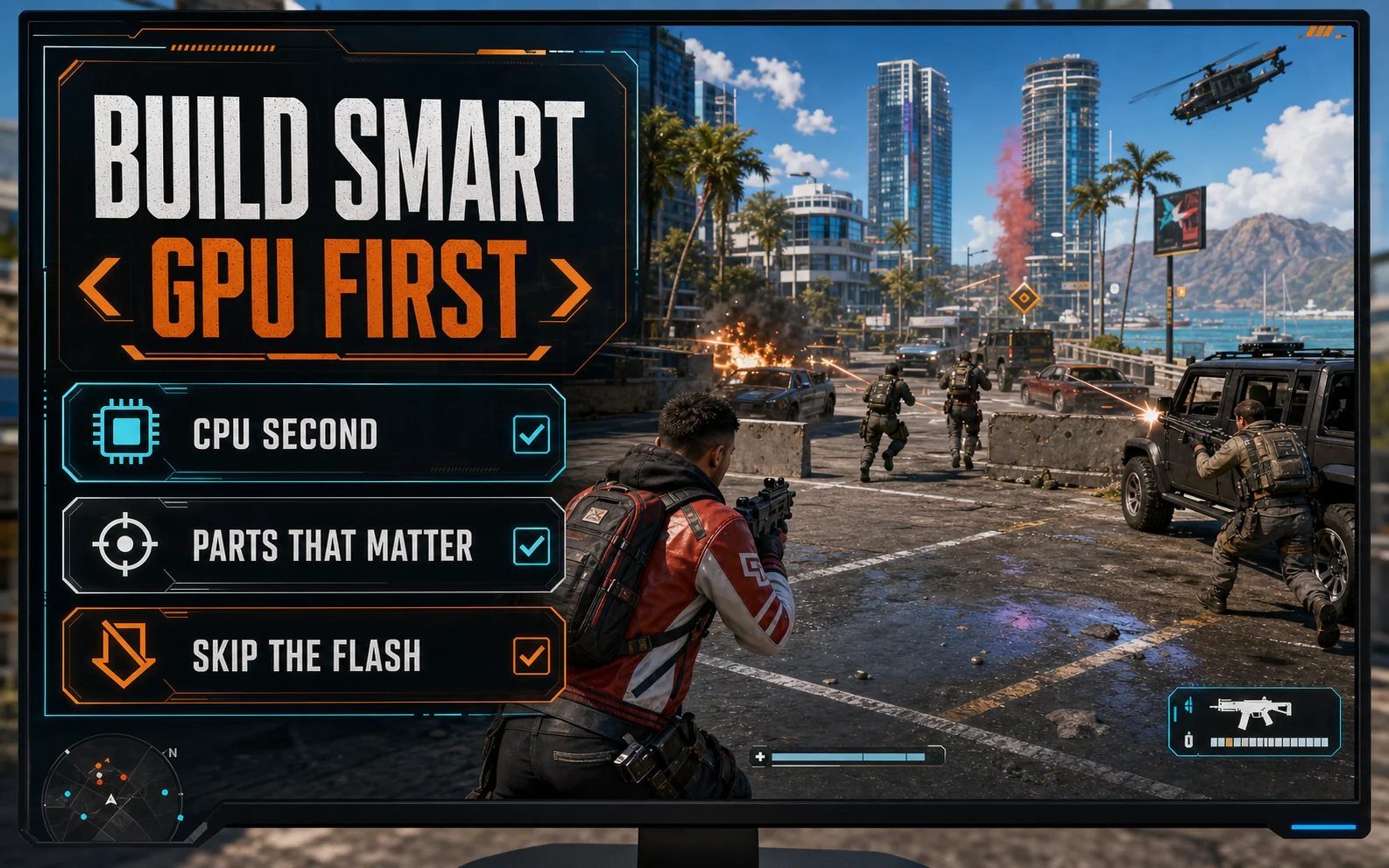 CheapFPS budget gaming PC build graphic showing GPU first, CPU second, parts that matter, and skip the flash priorities over a gaming scene.