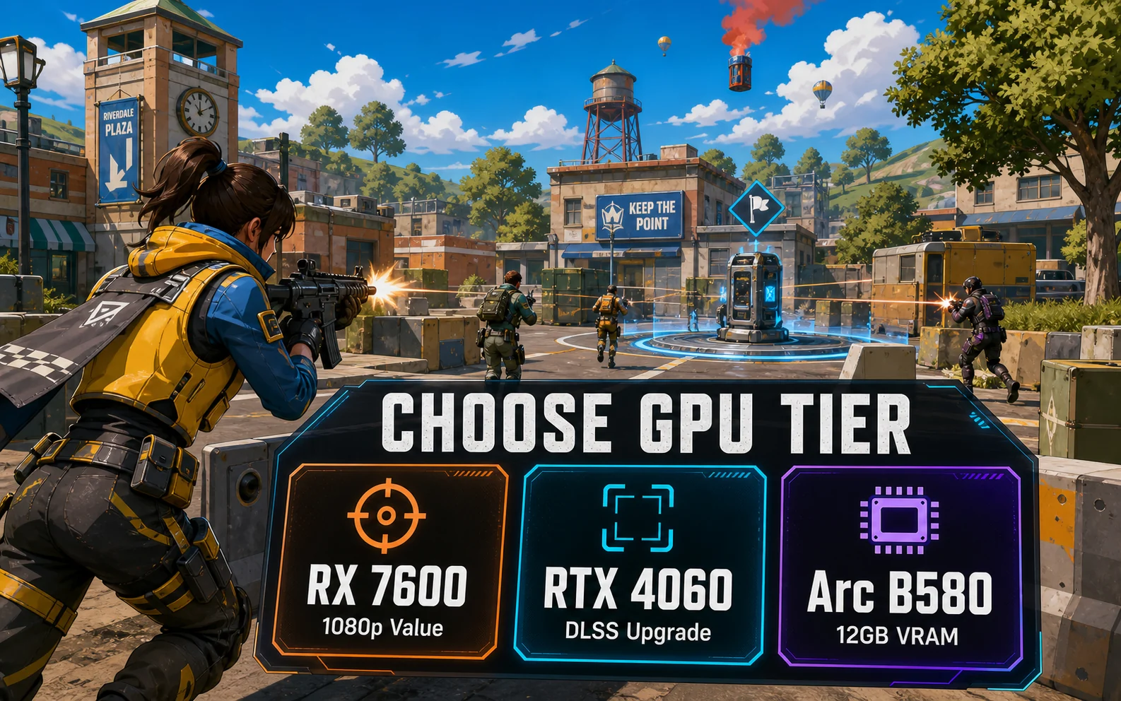 CheapFPS GPU tier graphic for a budget gaming PC build showing RX 7600 for 1080p value, RTX 4060 for DLSS upgrade, and Arc B580 for 12GB VRAM.