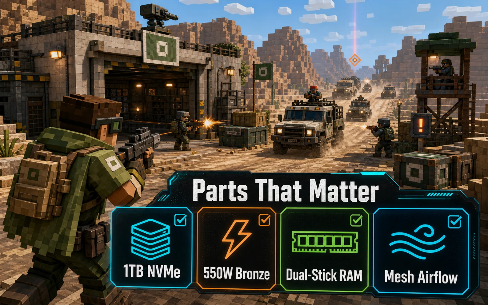 CheapFPS parts checklist graphic showing 1TB NVMe, 550W Bronze, dual-stick RAM, and mesh airflow as budget PC build priorities.