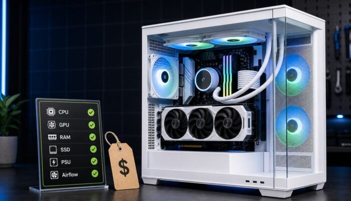 Clean hero image of a white budget gaming prebuilt PC beside a checklist for CPU GPU RAM SSD PSU and airflow
